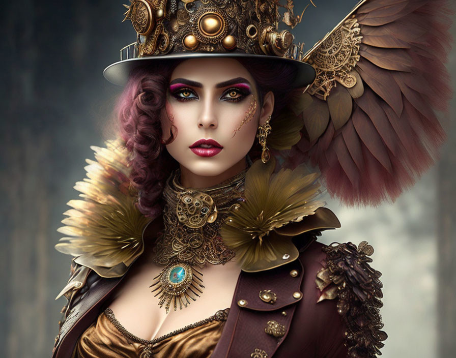 Elaborate steampunk attire with top hat and mechanical wing