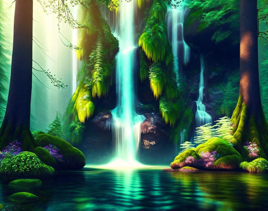 Serene forest pond with vibrant waterfall and lush greenery