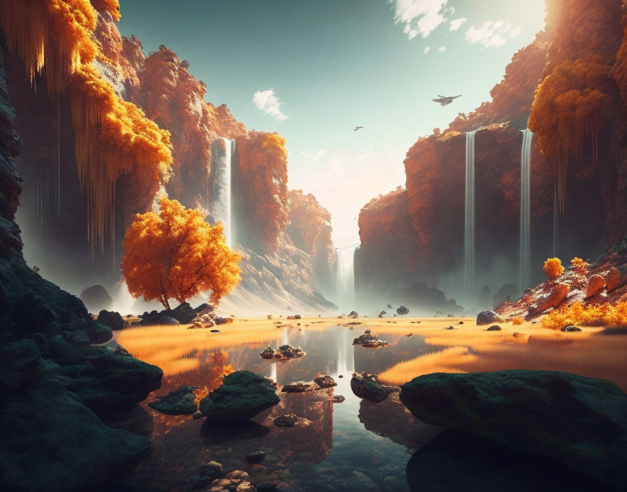 Tranquil landscape with golden trees, waterfalls, mossy cliffs, and reflective lake