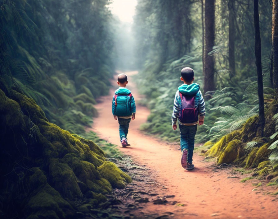 Children walking on forest trail amidst lush greenery and mist.