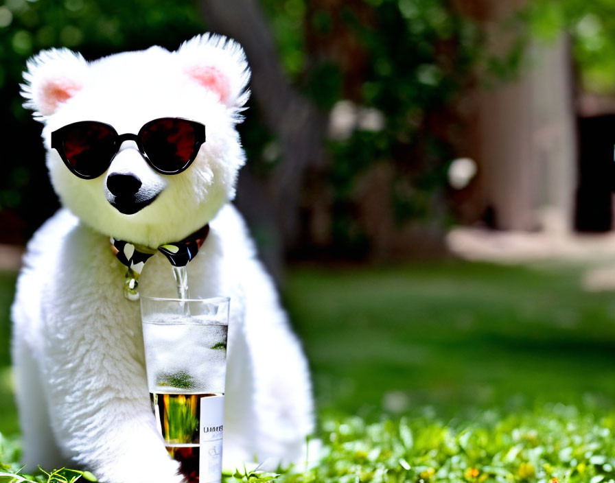 Stuffed Toy Bear with Sunglasses and Bow Tie on Grass in Sunny Garden