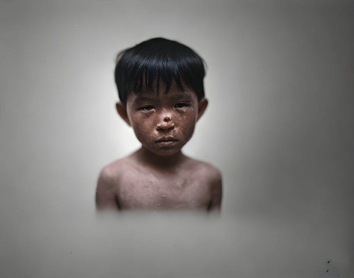 Young child with dark hair in somber expression emerges from blurred background