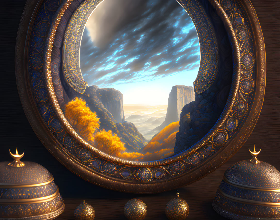 Captivating landscape with towering cliffs and autumn trees reflected in ornate mirror