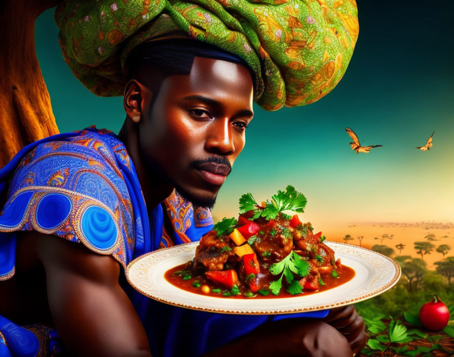 Person in Blue Traditional Attire with Colorful Stew Plate in African Savannah Sunset