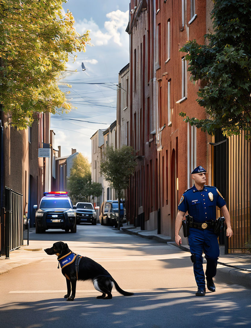 Police officer with K-9 dog on leash patrolling peaceful street with brick buildings and police car in