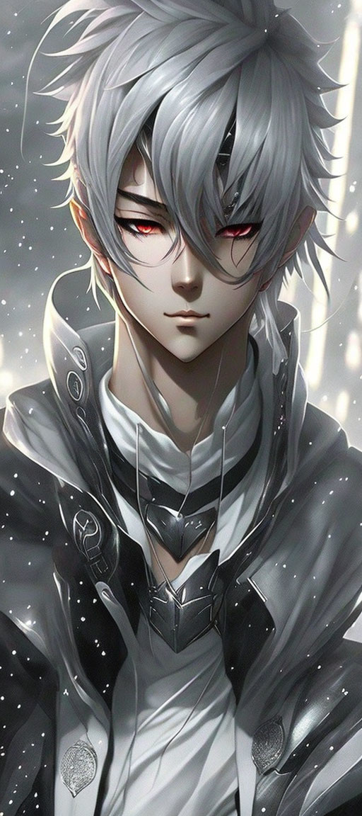 Silver-haired animated character in futuristic attire with red eyes on a backdrop of shimmering lights