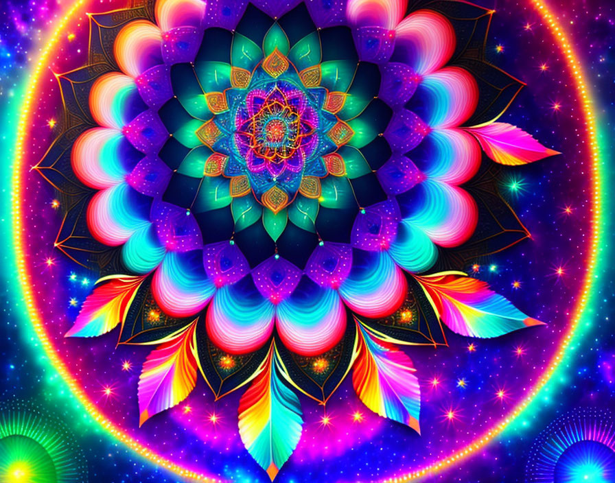 Colorful Psychedelic Mandala with Neon Lights & Celestial Motifs