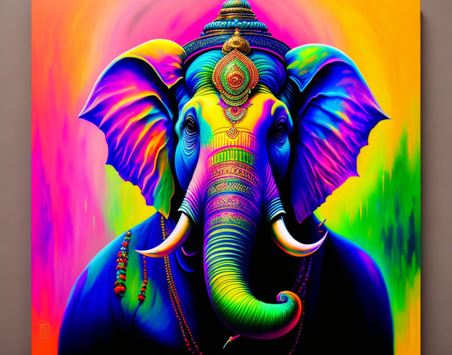 Colorful Elephant Painting with Intricate Designs on Vibrant Background