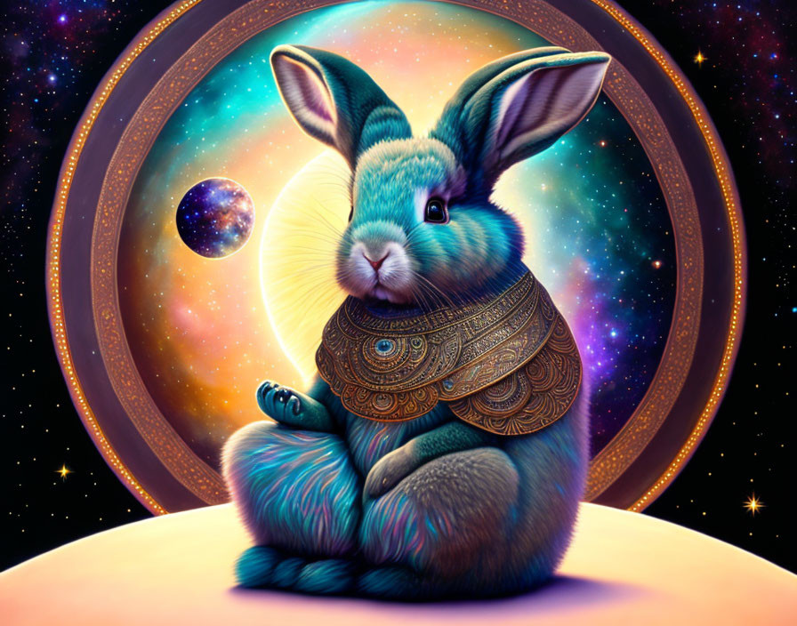 Blue Rabbit with Golden Patterns Against Cosmic Backdrop