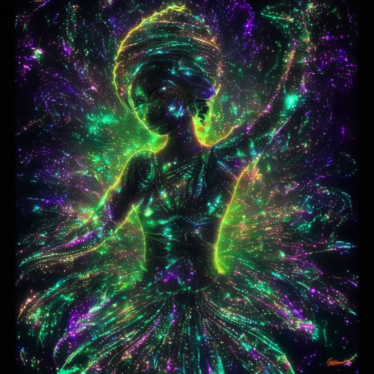 Neon cosmic digital artwork of a dancing female figure