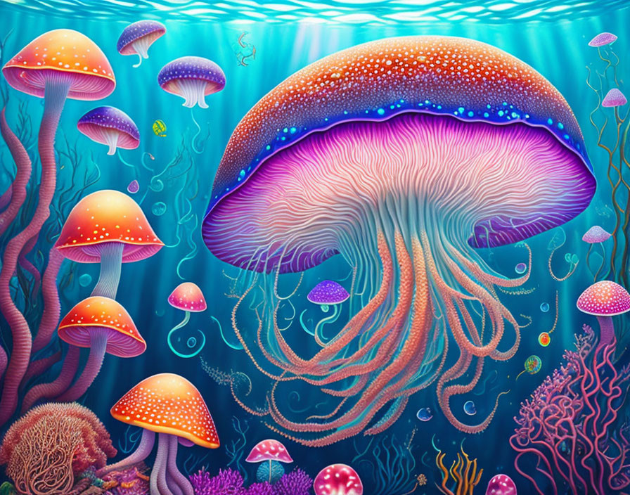 Colorful Underwater Jellyfish and Coral Scene