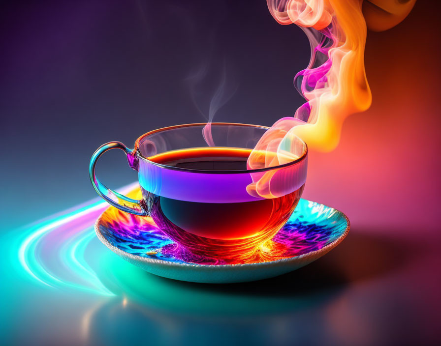 Steaming cup of hot tea on colorful background