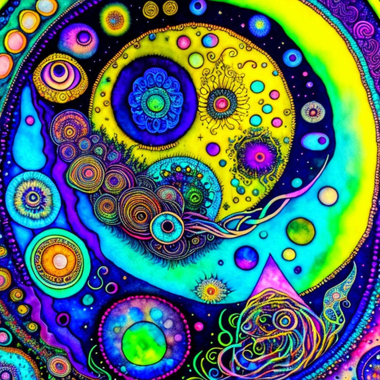 Colorful Psychedelic Artwork with Swirls and Mandala Designs