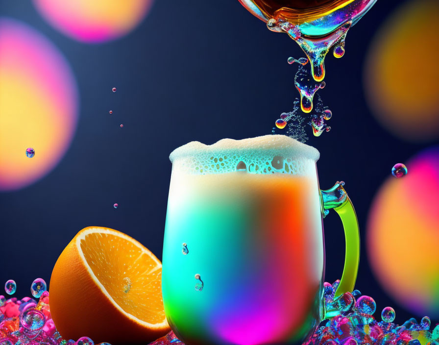 Vibrant colorful beverage poured into frothy cup with orange slice