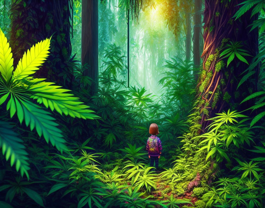 Child in Colorful Jacket Amid Lush Green Foliage in Vibrant Forest