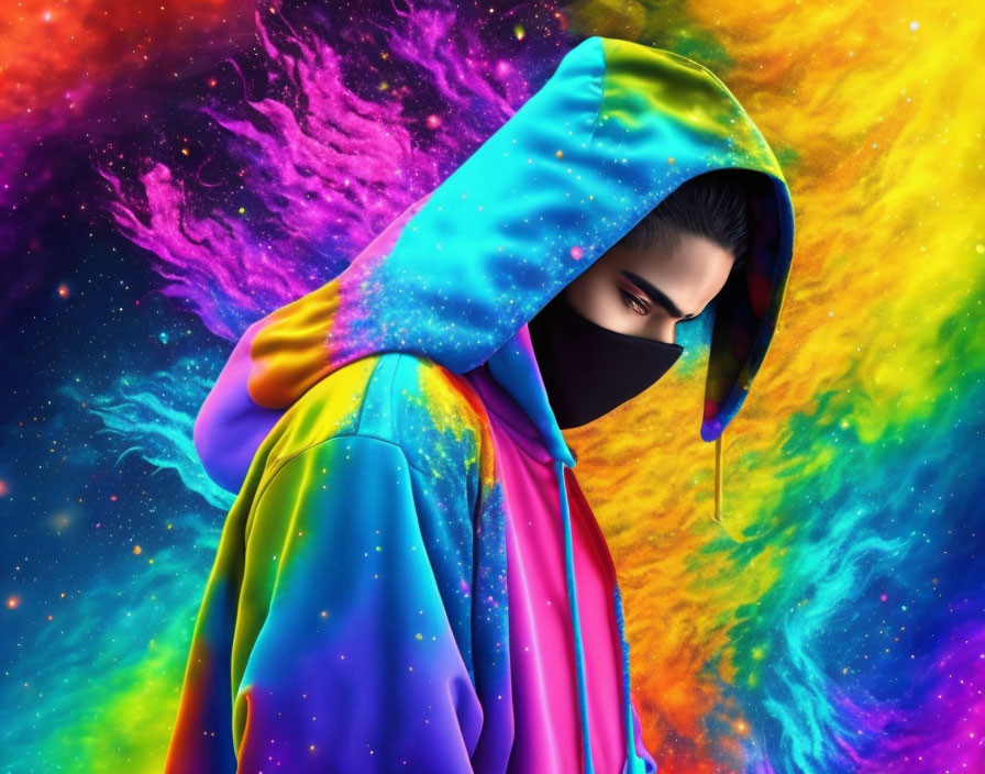 Person in Vibrant Galaxy Hoodie and Mask on Colorful Cosmic Background