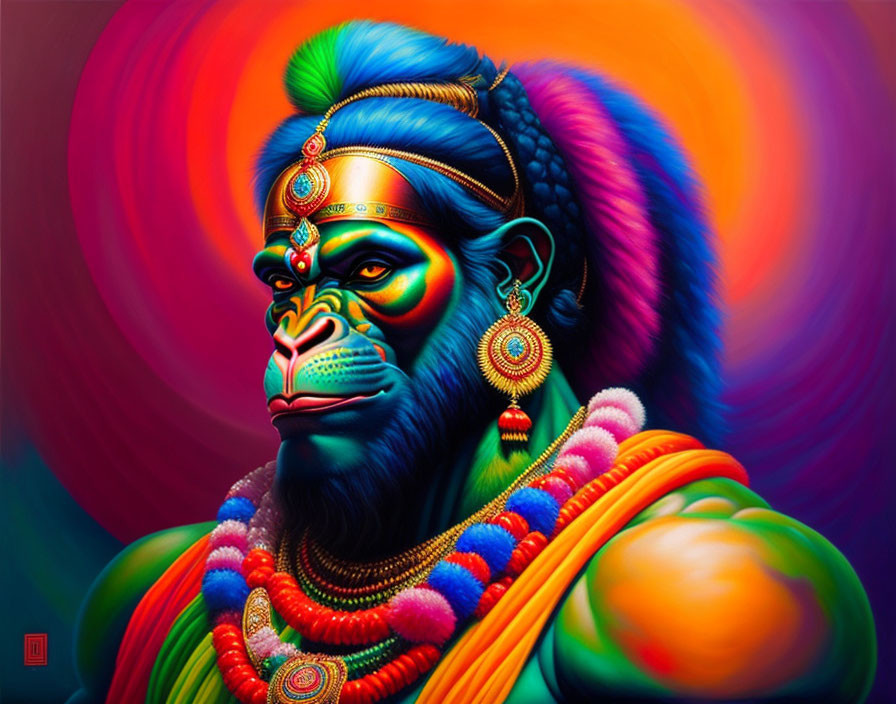 Colorful Artwork: Simian Figure in Indian Jewelry and Headdress