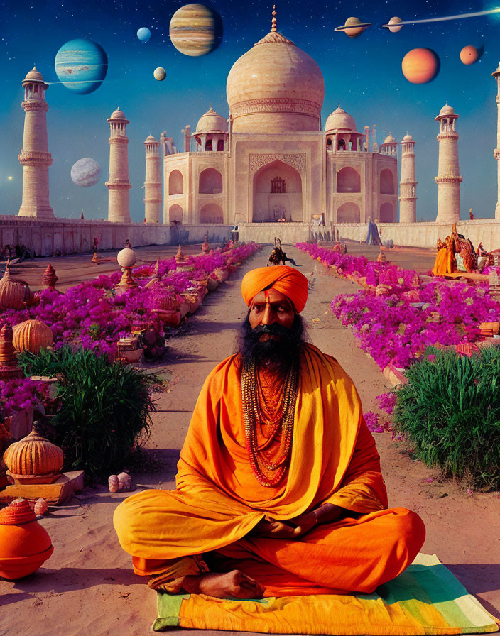 Man meditates at Taj Mahal with surreal sky planets