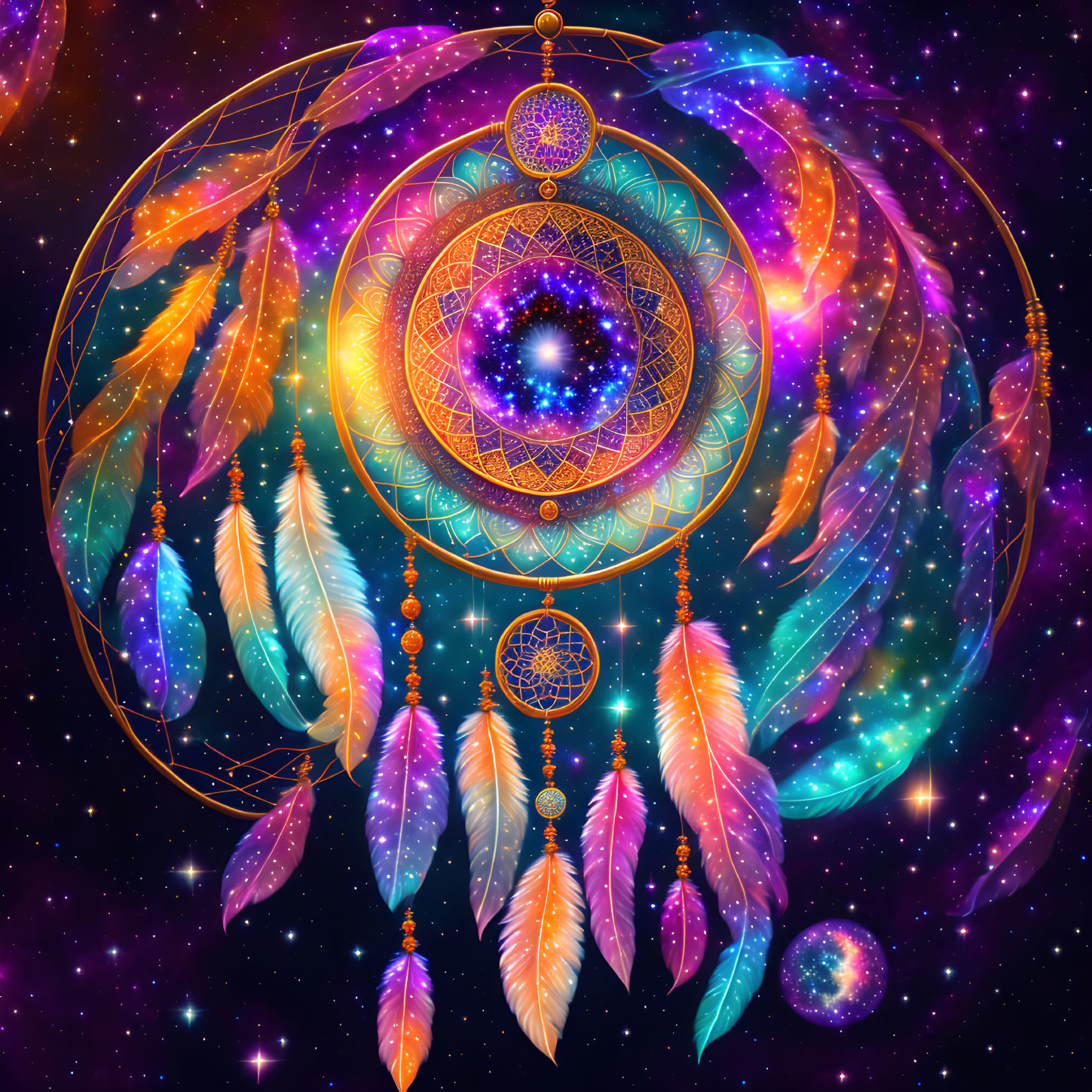 Colorful Dreamcatcher with Feathers and Beads on Starry Background