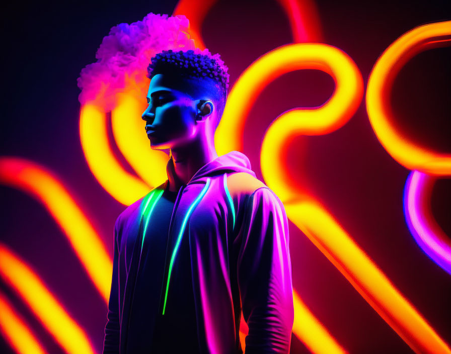 Profiled person with afro against vibrant neon-lit background