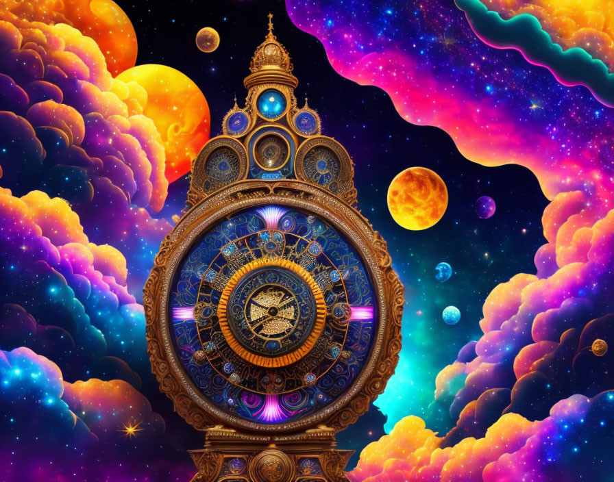 Ornate clock against cosmic backdrop with nebulas, moons, and stars