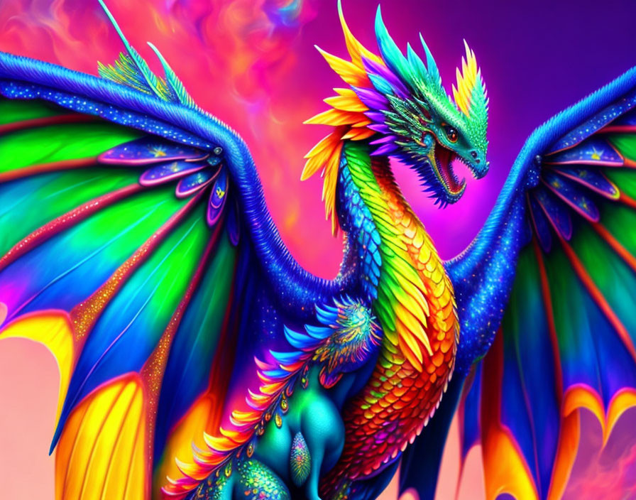 Colorful Dragon Artwork with Outstretched Wings and Fiery Breath