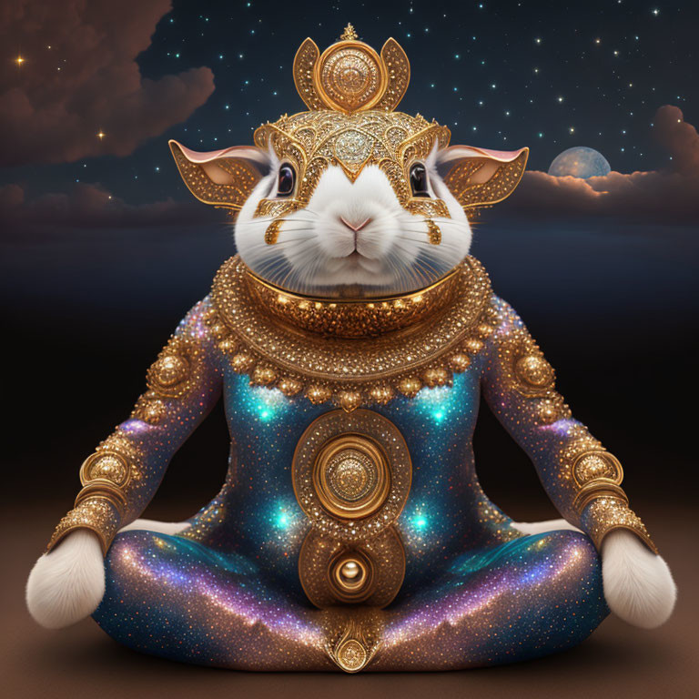 Mystical rabbit-headed creature in meditation with golden jewelry on starry blue bodysuit