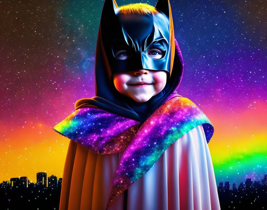 Child in Batman costume with cape against starry backdrop.