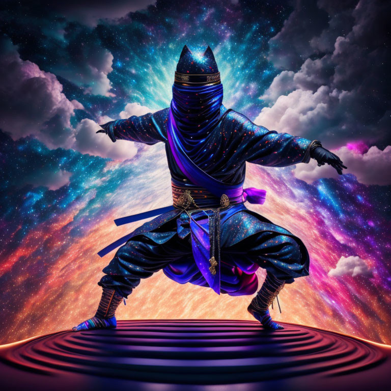 Cosmos-Themed Ninja in Dynamic Pose Against Space Background