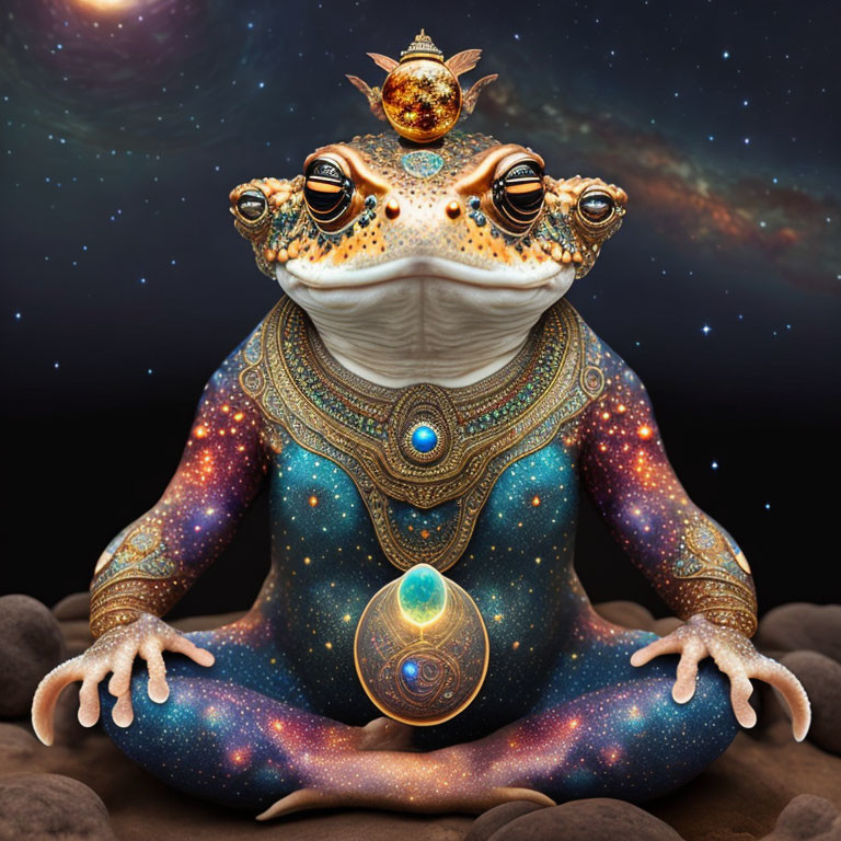 Cosmic-themed frog digital artwork with galaxy patterns and planets in background