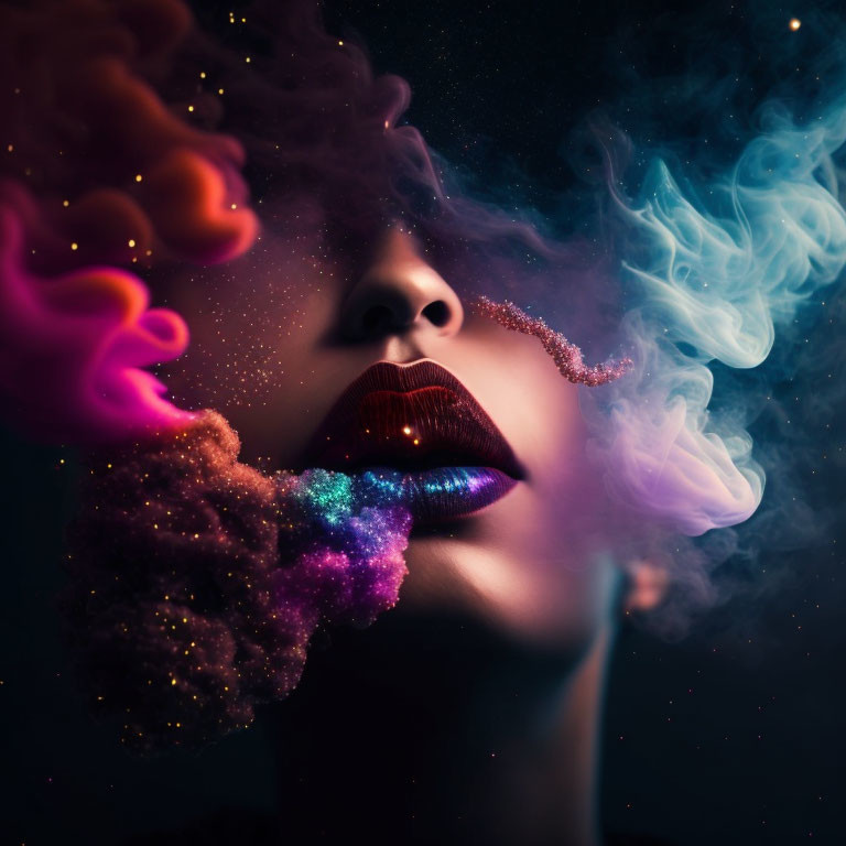 Glittery lips woman exhales colorful smoke on dark background