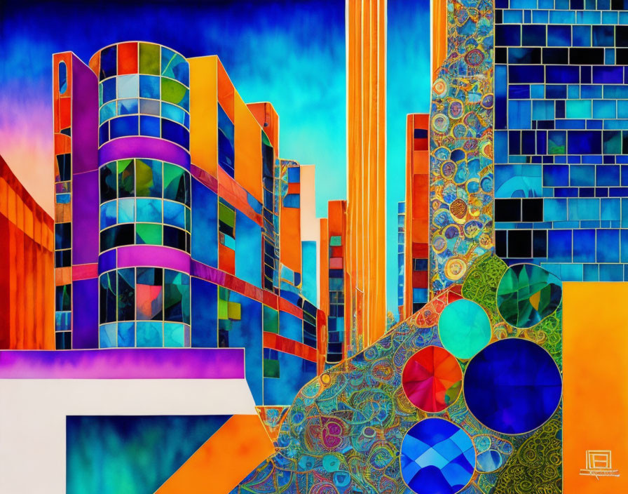 Abstract colorful buildings with geometric patterns on blue sky