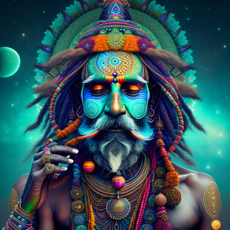 Vibrant digital art: man with decorated beard in tribal attire against cosmic backdrop