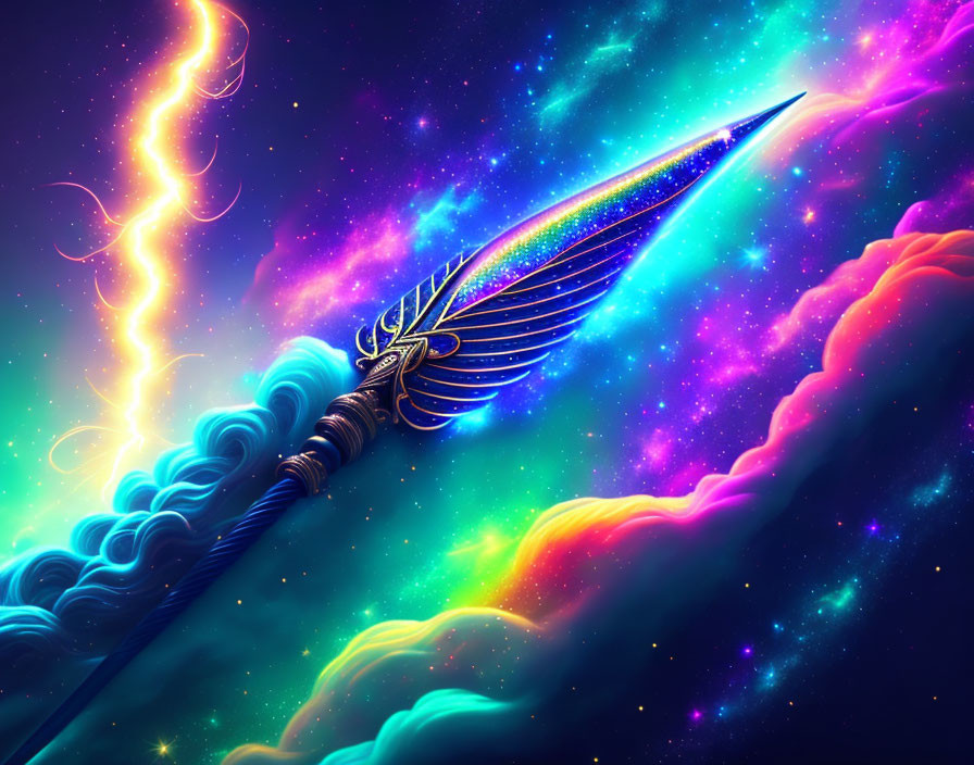 Colorful winged quill pen on cosmic background with nebulae and stars