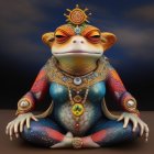 Mystical rabbit-headed creature in meditation with golden jewelry on starry blue bodysuit