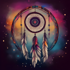 Colorful Dreamcatcher with Feathers and Beads on Starry Background