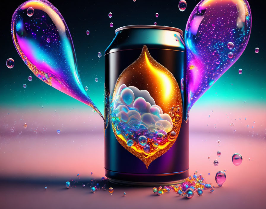 Colorful 3D beverage can illustration with heart-shaped tear and effervescent universe