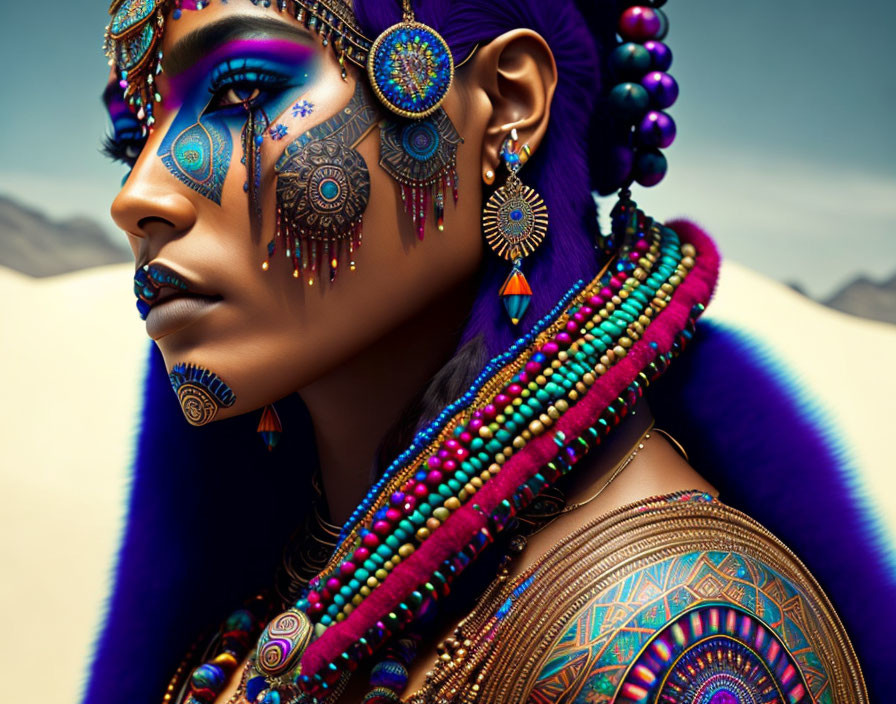 Intricate blue and gold facial makeup on woman in colorful attire against desert backdrop