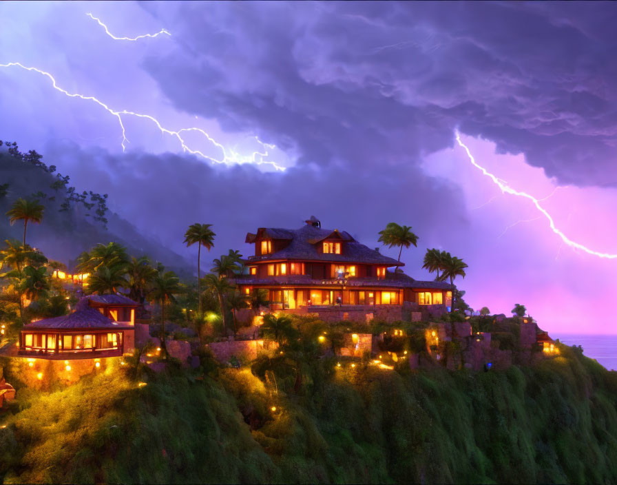 Luxurious Hillside Villa with Dramatic Stormy Sky at Night