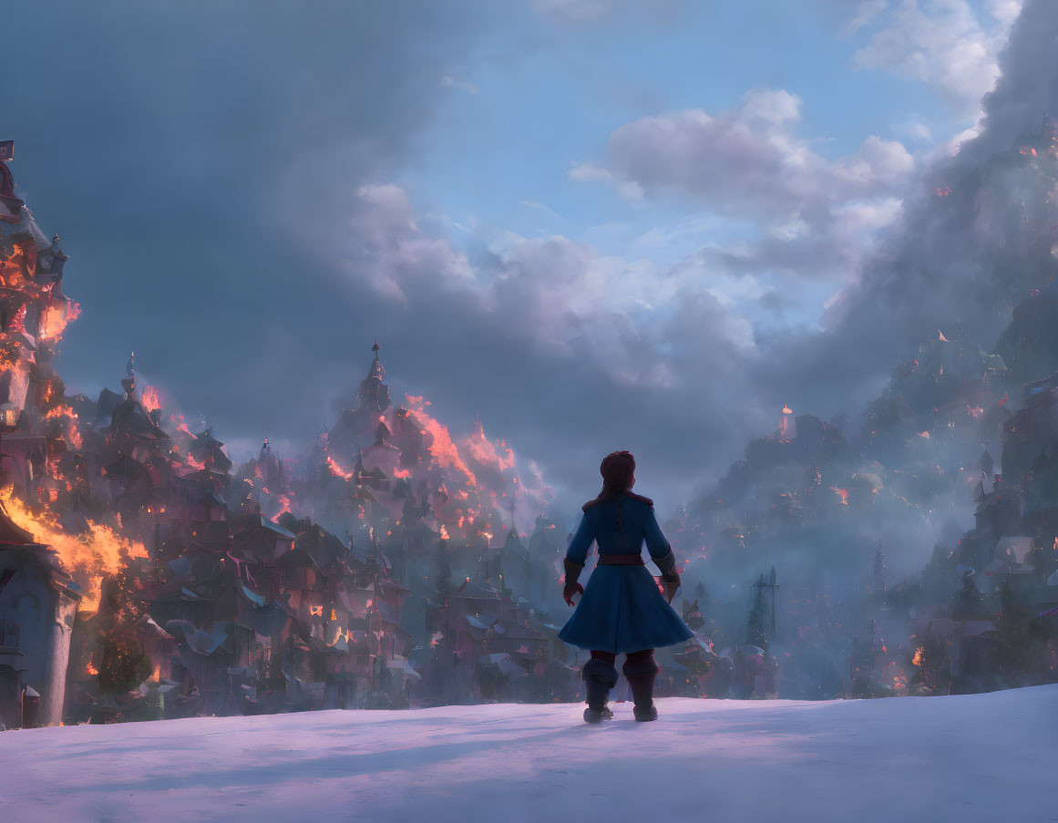 Character in Blue Cloak Stands Before Glowing Mountain Village