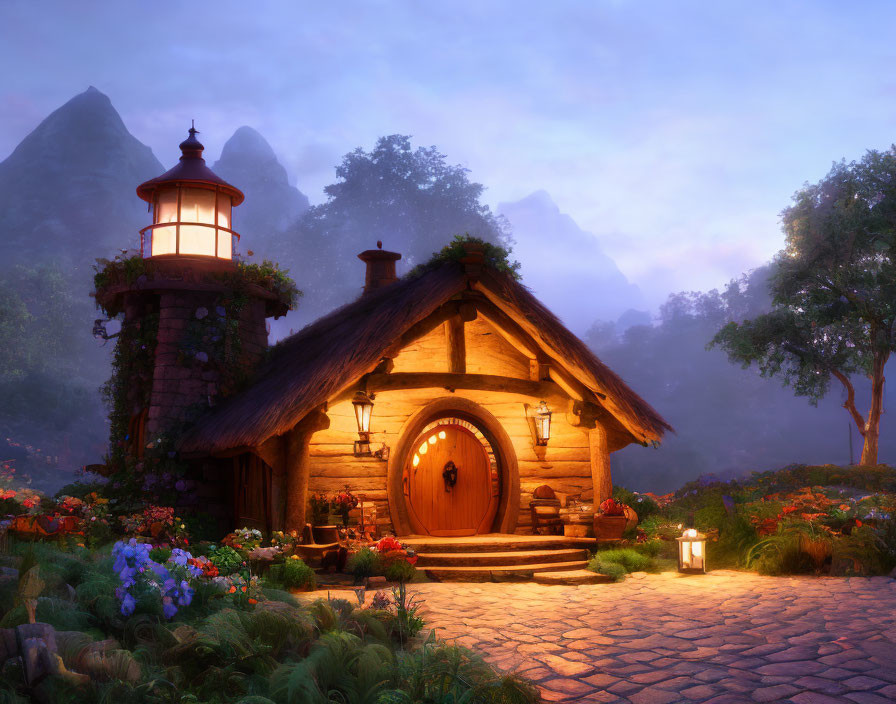 Thatched Roof Cottage with Stone Chimney in Lush Garden