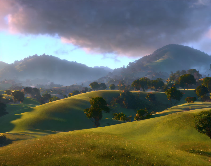 Scenic green hills with cloud shadows and mountain backdrop at sunrise or sunset