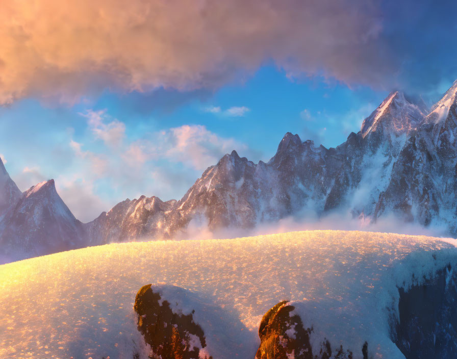 Majestic snow-covered mountain peaks in warm sunlight