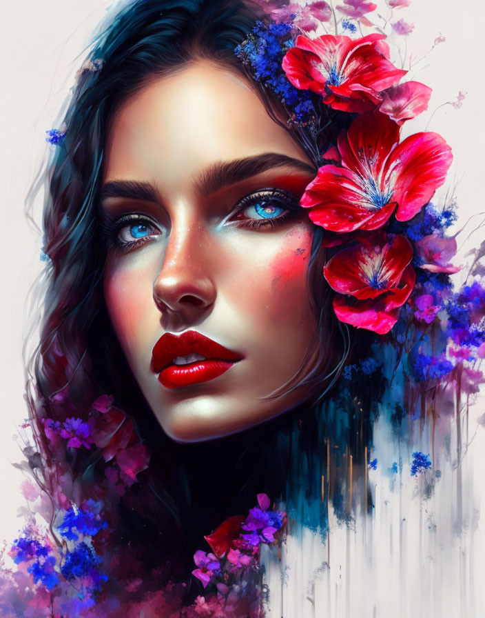 Digital artwork of woman with blue eyes, red lips, surrounded by flowers & paint-streak effect