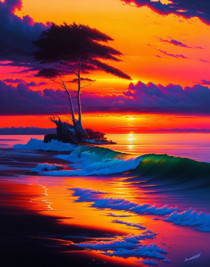 Colorful sunset with red and purple clouds over calm sea and lone tree.