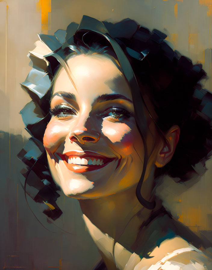 Smiling woman digital portrait with radiant skin and sunlit hair