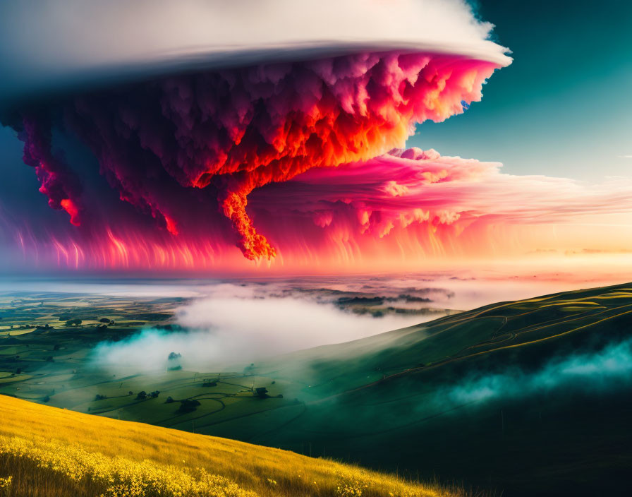 Surreal sunset landscape with fiery clouds over hills