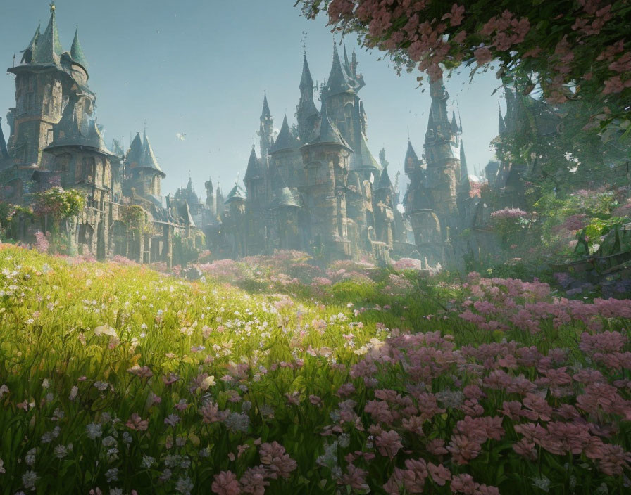 Castle surrounded by pink flowers under sunny sky and hanging blossoms.