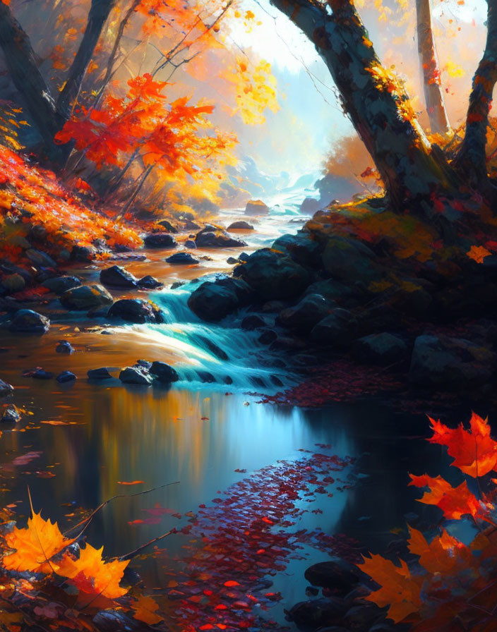 Tranquil autumn forest with babbling brook and vibrant leaves