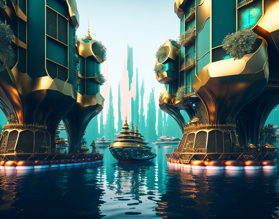 Golden-domed futuristic cityscape with sleek boat on waterway